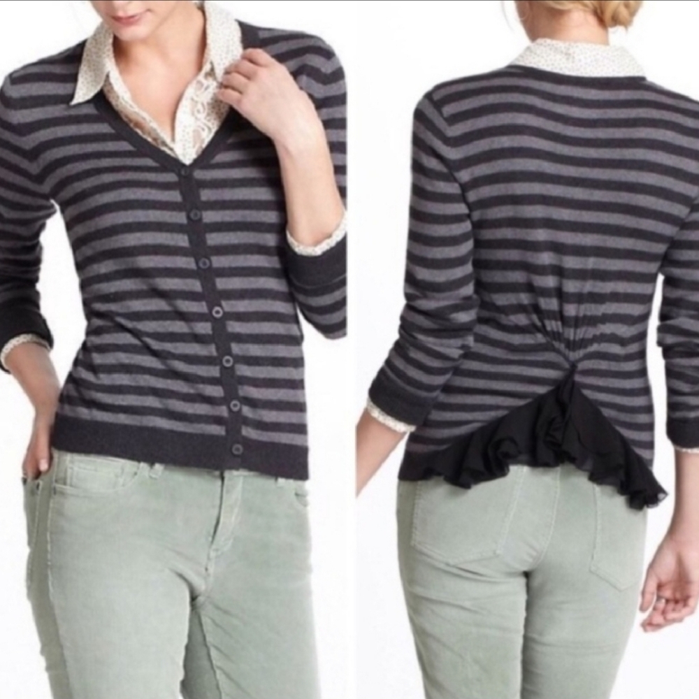 Anthropologie Tabitha Black and Gray Striped Cardigan L